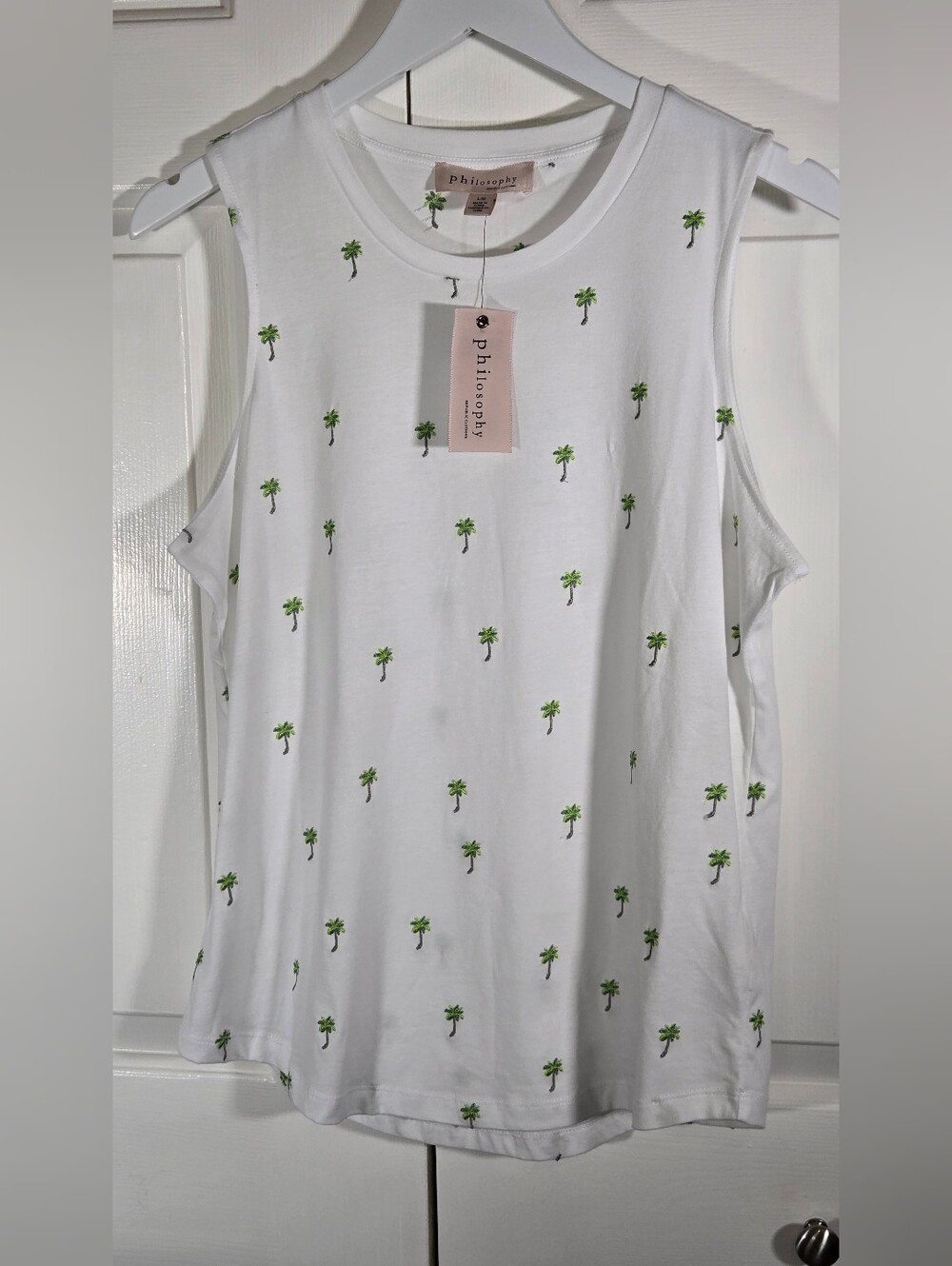 NWT Philosophy Republic Clothing Palm Tree Tank Top White Size L Tropical